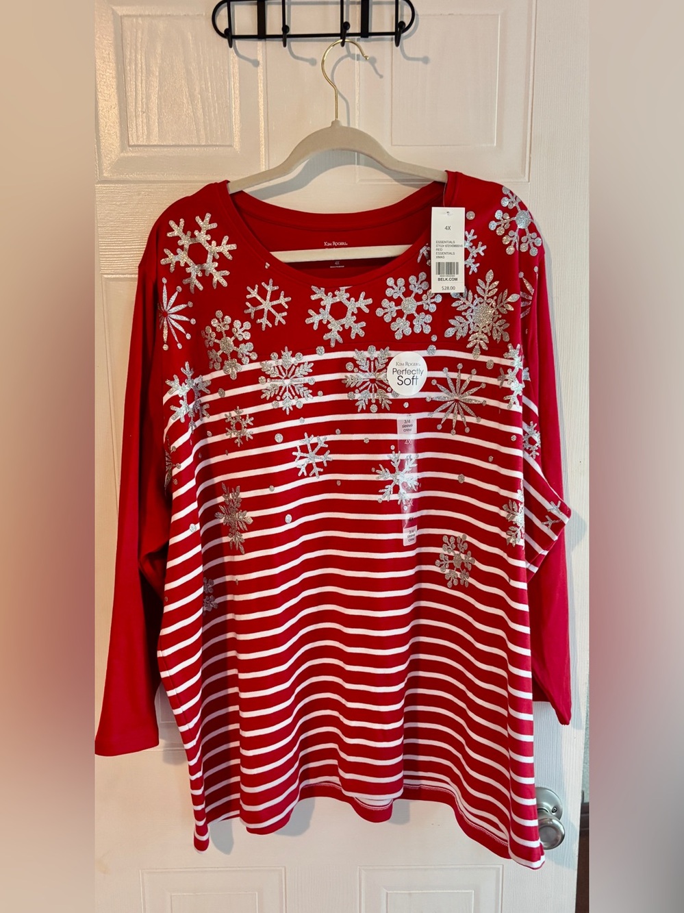 NWT Kim Rogers Perfectly Soft Christmas Snowflake Top 4X Red Silver Glitter